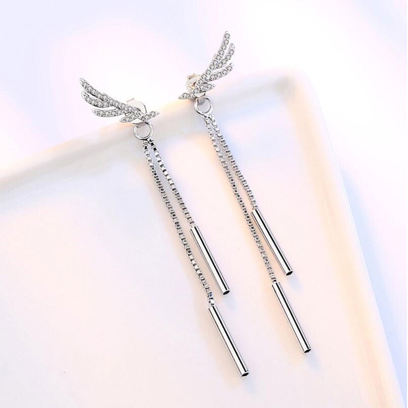 ANENJERY Silver Color Crystal Angel Wings Long Tassel Chian Earrings For Women brincos S-E223