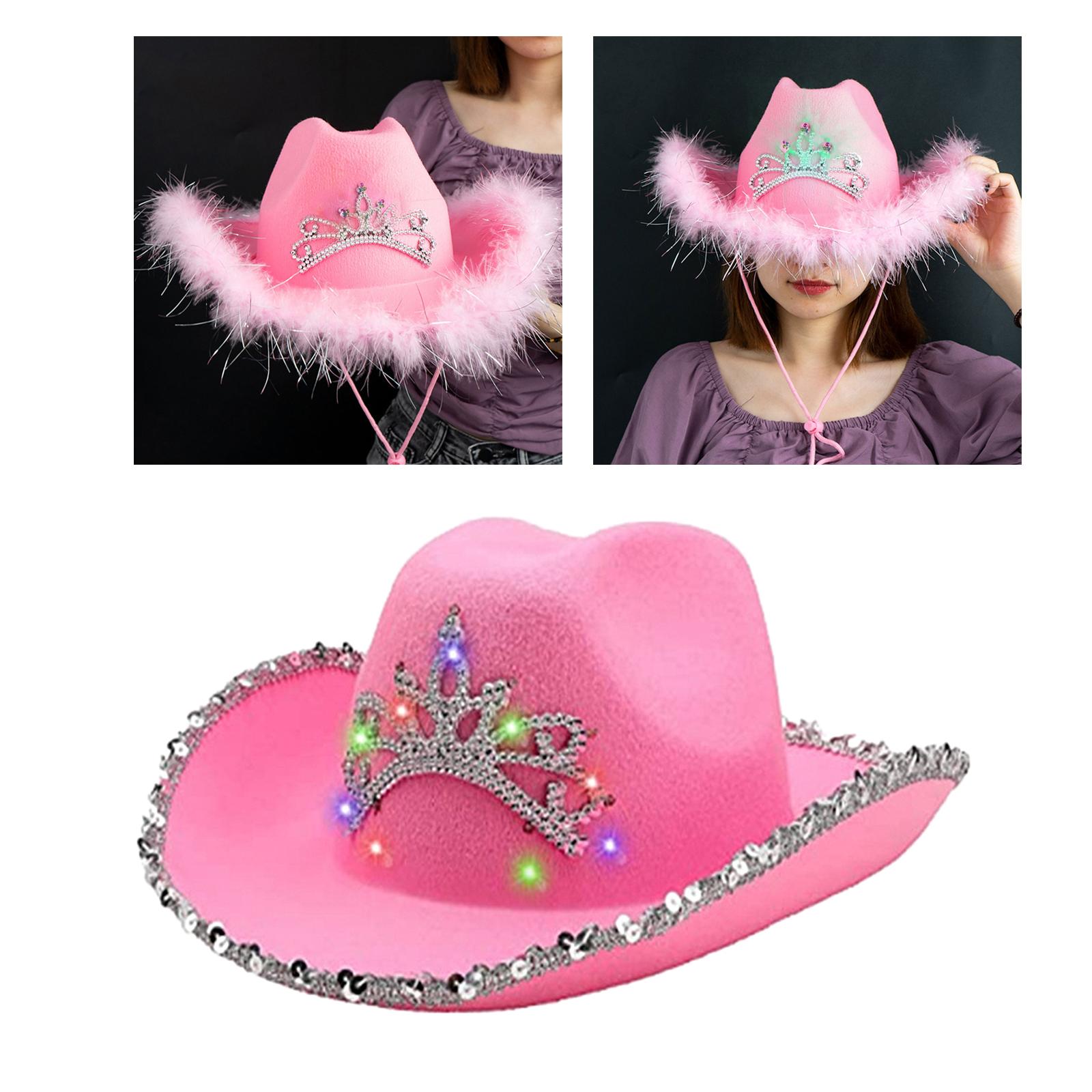 Sombrero de vaquero rosa de estilo occidental para mujer, sombrero de ala ancha deformado con decoración de lentejuelas, corona, Tiara, vaquera