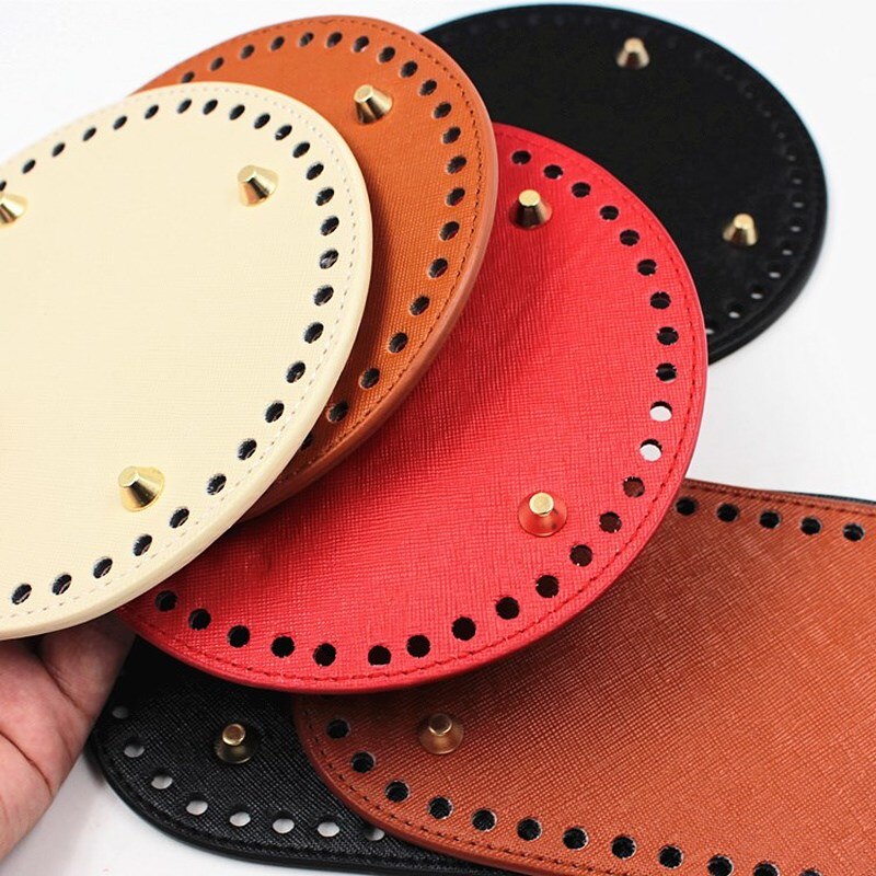 1 Pc Oval Long Round Leather Bottom with Holes Rivet for Knitted Bag PU Leather Bag Accessories DIY Woven Crochet Bag Bottom
