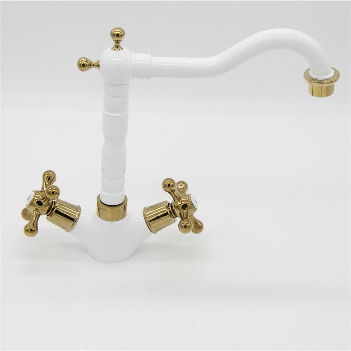 Bianco e oro doppio oro maniglia a leva contralto lungo bocca bacino del rubinetto della cucina 7306 W
