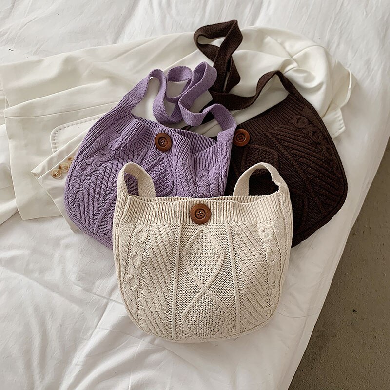 Sac Femme Beige Kaki Marron : Sac à Main En Tricot Coton - Bandoulière Cabas