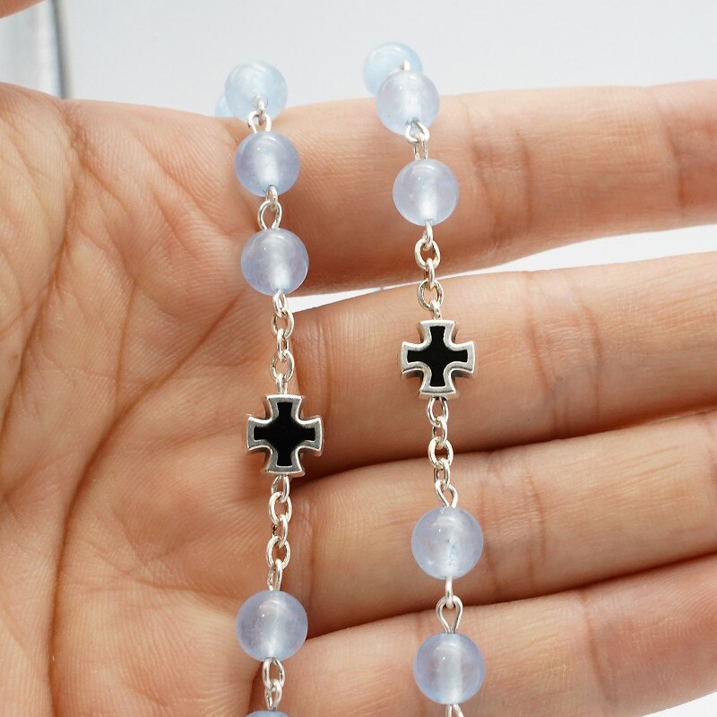 Lichtblauw Chalcedoon Rose Rozenkrans Kruis Ketting Katholieke Heilige Relikwieën Kristal Armband Religieuze Sieraden Rosarios Religiosos