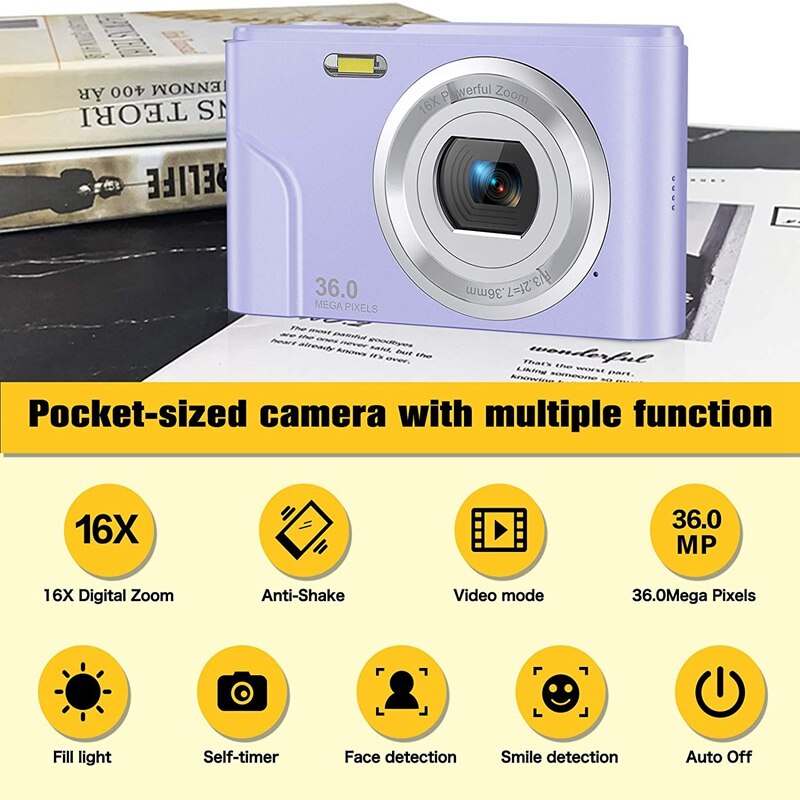 1080P 36.0 Mega Pixels Digital Camera with 16X Digital Zoom, LCD Screen, Portable Mini Cameras for Students Teens