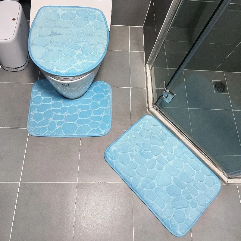 3PCS/Set Non-slip Soft Bath Mat Toilet Cover Carpet Cobblestone Embossed Floor Mat Bathroom Absorb Water Can Be Washed 욕실 매트: Pink