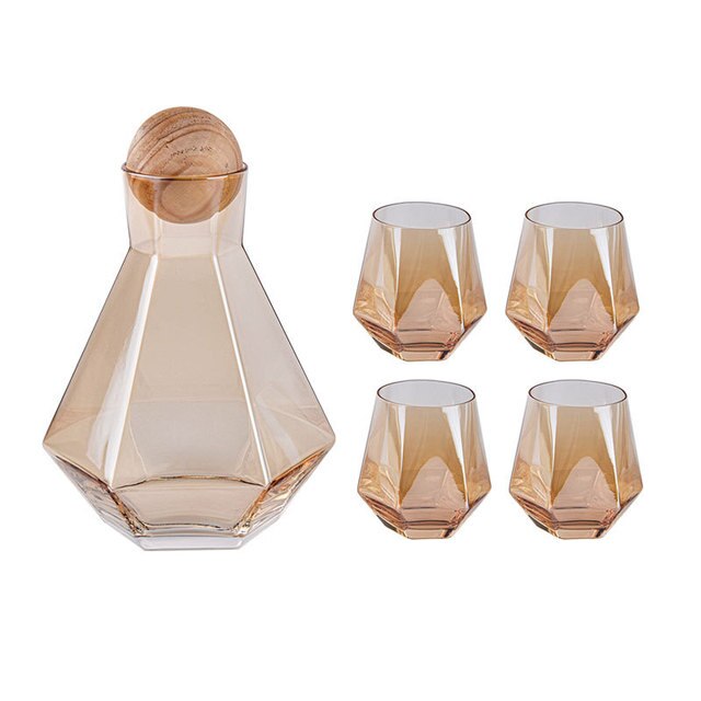 Juego de jarra de vidrio con tapa de madera para vino, whisky, cerveza, zumo, hervidores de agua potable, 1/5 piezas: Amber 5pcs