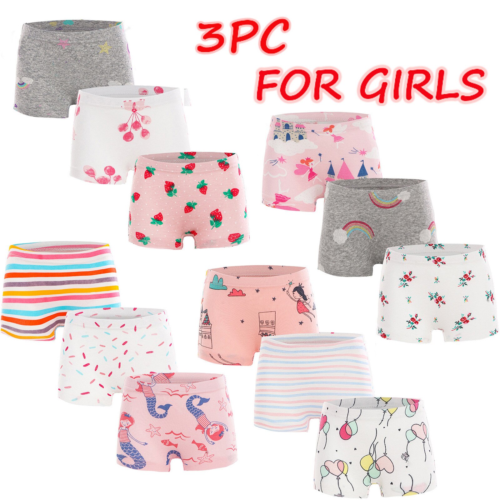 3pcs Girls Cartoon Boxes Chidren Cotton Underwear Rainbow Printing Panties Kids Short Panties Girl Underpants Size 2T-10T