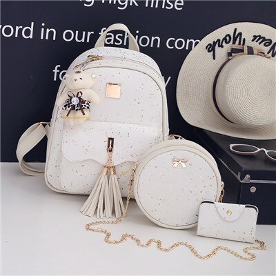 3Set/Pcs Tassel Women Backpack Star Sequins PU Leather Backpacks For Teenage Girls School Bag Chain Shoulder Bag: White