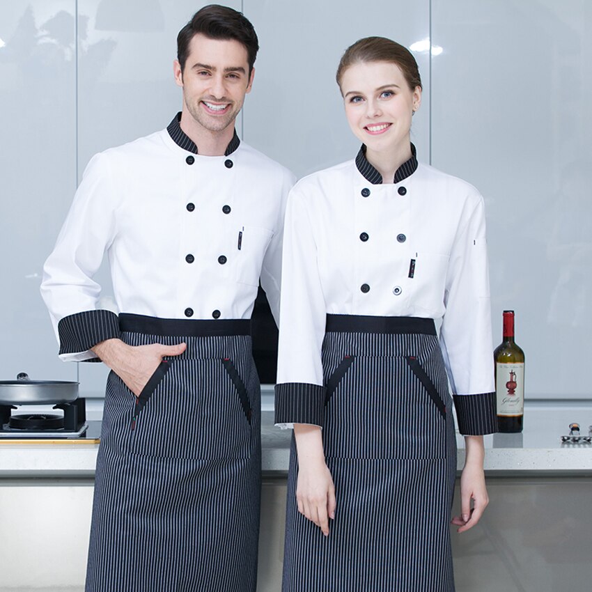 Gratis logo tryk sort hvid rød farve ensfarvet kokkefrakke jakke fuldærmet åndbar bageri tjener restaurant uniform