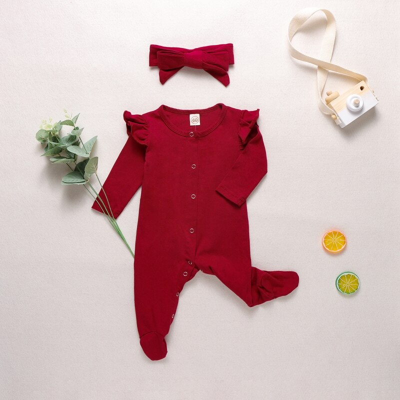 Newborn Baby Long Sleeve Rompers Footies Jumpsuit Infant Kids Homesuit Girls Boys Clothes Suit with Headwear: R / 60