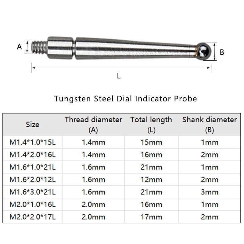 1pc volframiteräksisen pään mittapyörän mittakellon osoittimen kosketuspiste 1.4/1.6/2.0mm -kierteiselle vipuvalitsimen osoittimelle