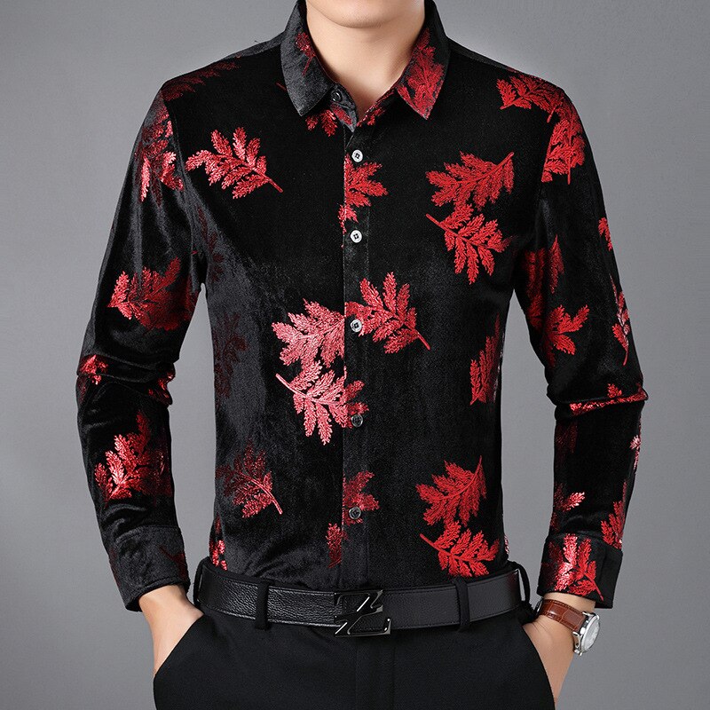 Plus size herreskjorter blomster herre skjorter med lange ærmer røde fløjlskjoler store størrelser velour vintage herretøj bladtrykt