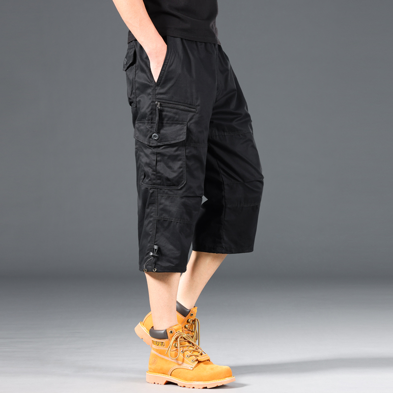Short d'été ample et décontracté pour hommes, tendance, taille élastique, grande taille, jogging en plein air, pantalon de survêtement multi-poches: M / Black