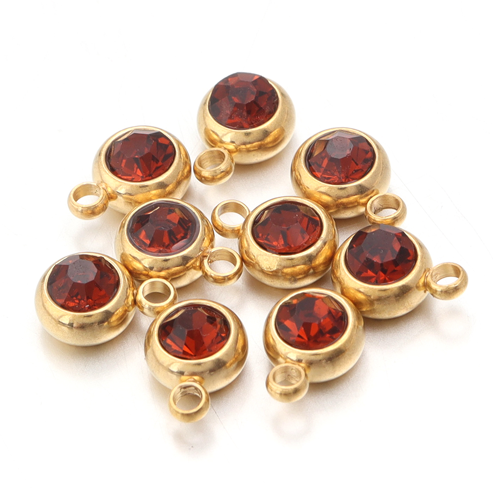 10pcs/lot Stainless Steel Birthstone Pendant 6mm Flat Round Rhinestone Charms Pendant For DIY Jewelry Making Necklace Bracelet: Pure Gold Color