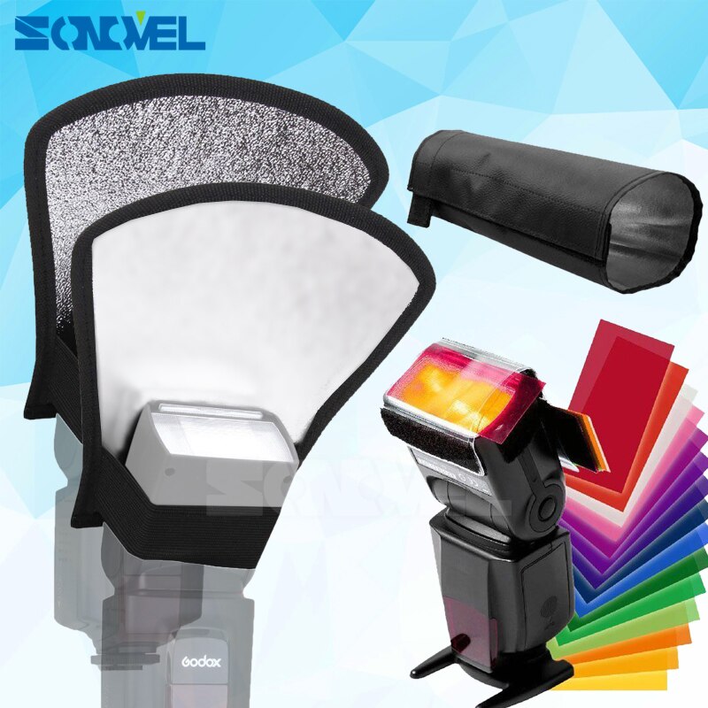 12 Kleuren Gel Filter Flash Diffuser + zilver/witte Reflector + Opvouwbare Beam Snoot voor Canon Nikon Sony Pentax Godox Yongnuo flash