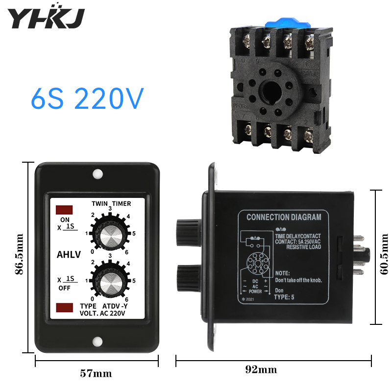 Adjustable Dual Time Relay Repeat Cycle Timer ATDV-Y ON OFF 3S/6S/12S/30S/60S/3M/6M/12M/30M/60M 220V Twin Timer With Socket Base: S