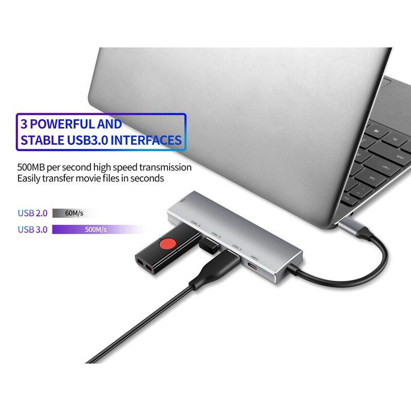 Usb c-hub voor mac-book pro/air, voor ipad pro 5- in- 1 usb c-hub met 4k hdmi- en 60w pd-oplaadpoorten, , 3 usb 3.0- hubs