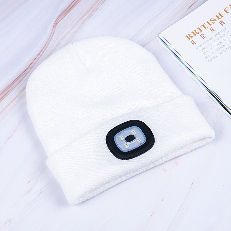 Gorros para hombre, gorro de punto liso con iluminación LED, boinas estilo Hip-Hop, gorros de lana cálidos portátiles para mujer,: Blanco