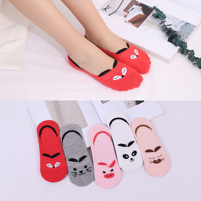 Calcetines de algodón antideslizantes con estampado Animal de gato, zorro, cerdo, chicas japonesas, calcetines invisibles con orejas 3D, boca superficial