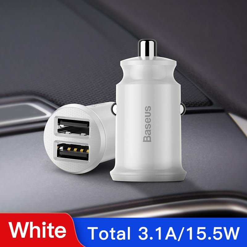 Baseus-Mini cargador USB Dual para coche, adaptador de carga rápida para iPhone X, XS, XR, 11 Pro Max, Samsung S20, Xiaomi Mi 9, 3.1A: White