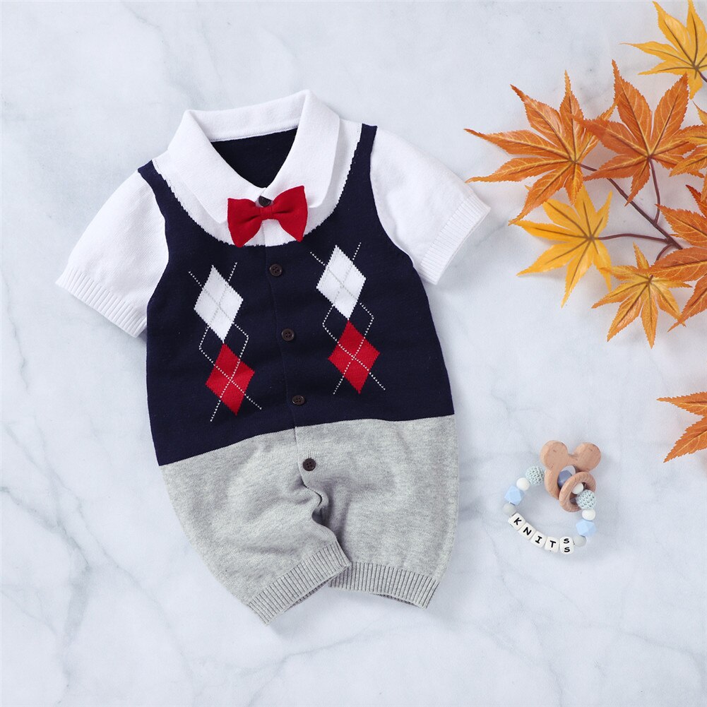 0-18m heren baby jongens romper katoen korte mouwen knoopjes gevouwen kraag patchwork gebreide patchwork jumpsuit