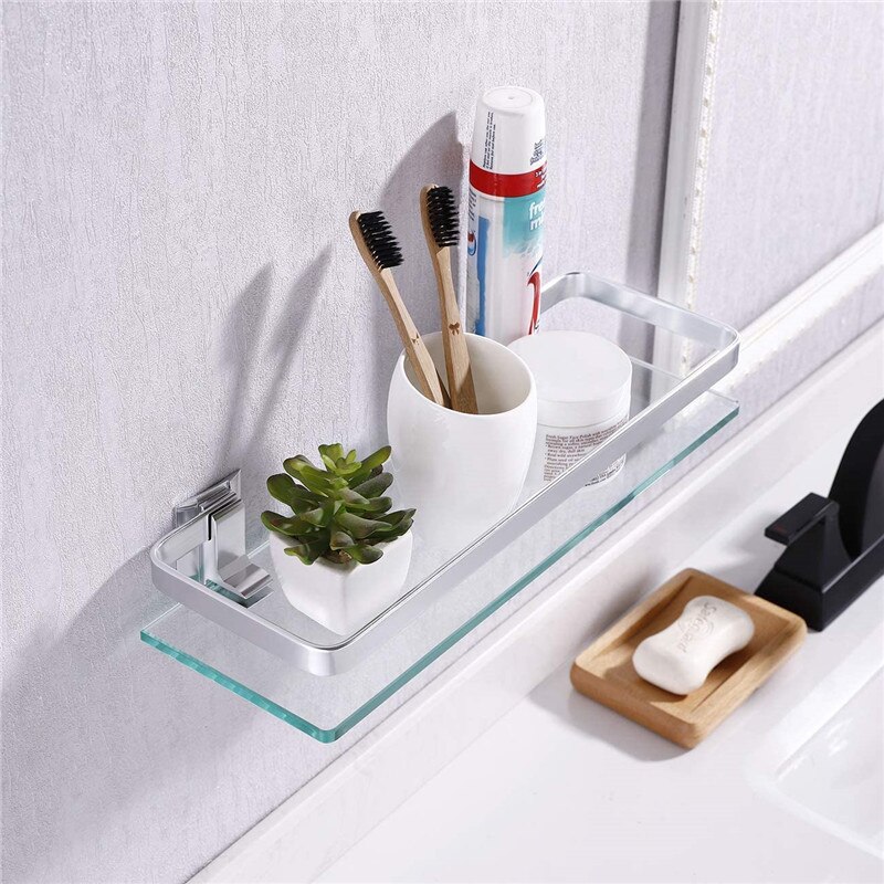 Quanxunhe gehard glazen badkamerplank aluminium opbergrek rechthoekig 30 40 50cm 1 laag zilver zand gespoten