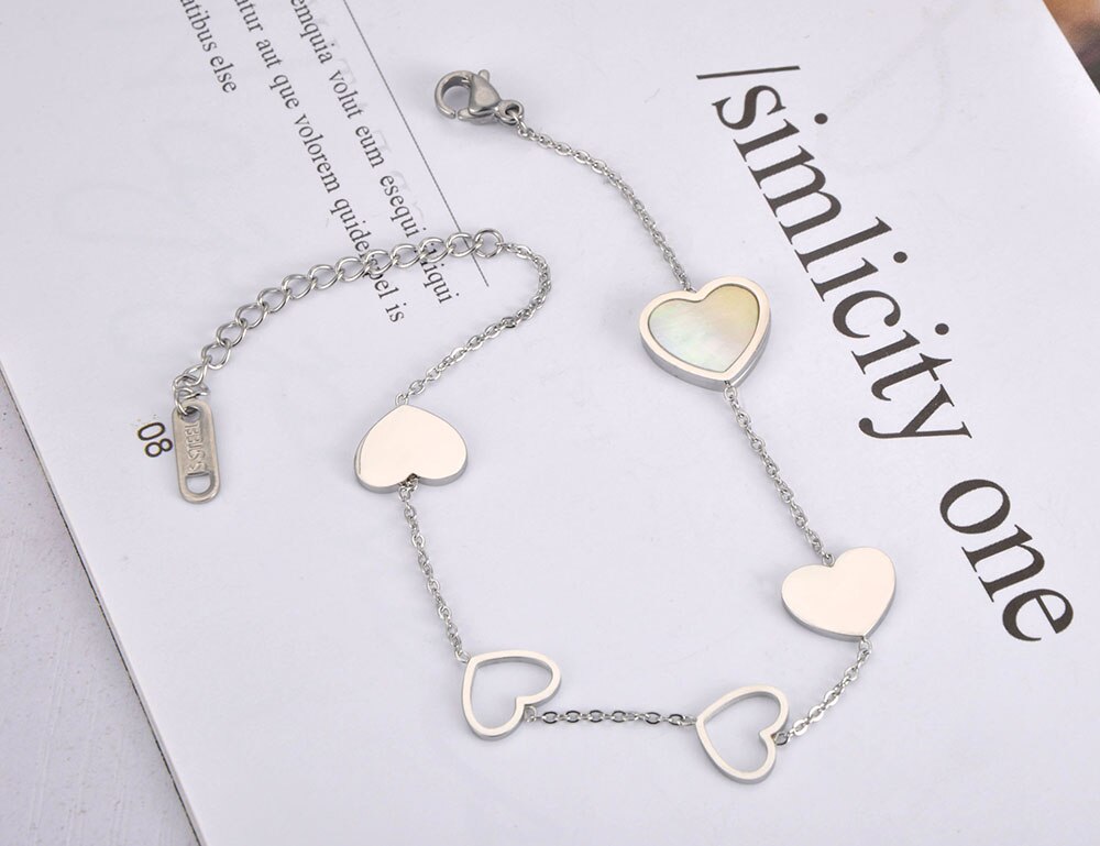 JeeMango Trendy Rose Gold Shell Heart Charm Party Bracelet Bangle Stainless Steel Bohemia Chain Link Bracelets For Women JB19117