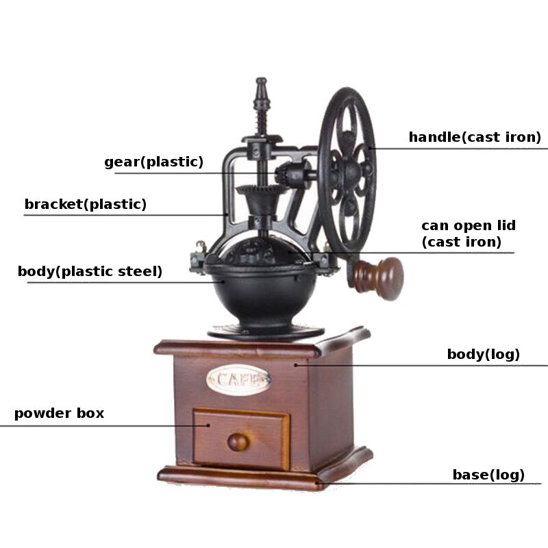 Klassisk tre manuell kaffekvern hånd støpejern retro håndlagde kaffebønner krydder mini burr mill kverner kjøkkenverktøy