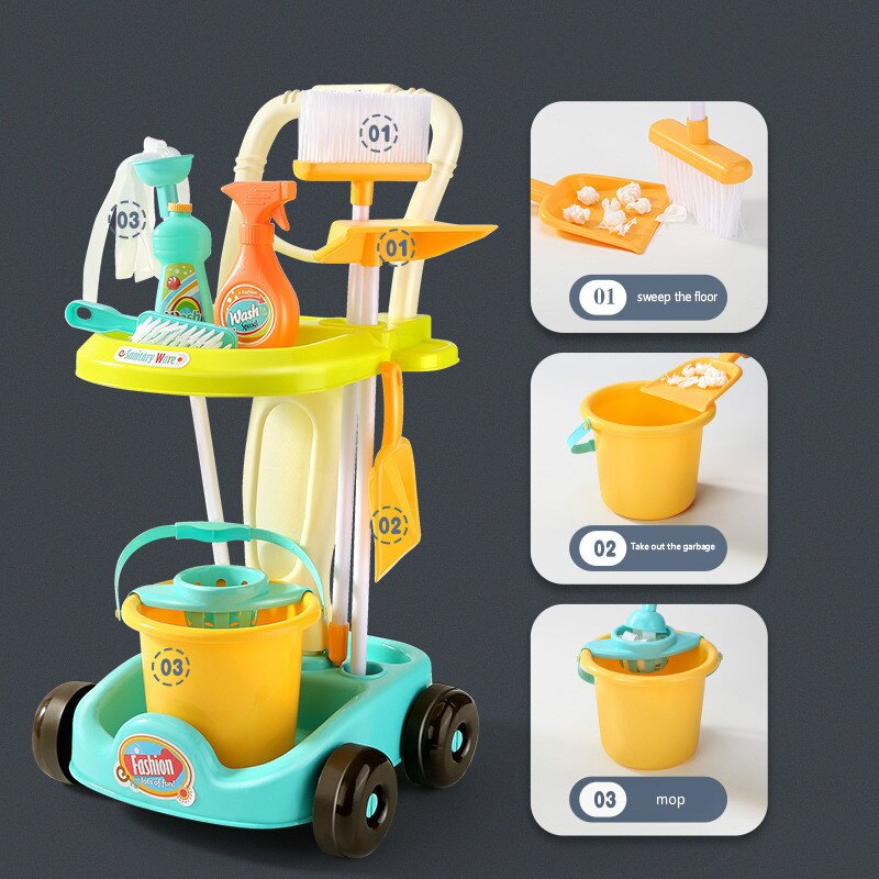 Nieuw Product Kinderen Simulatie Vegen Speelgoed Cleaning Kit Tool Trolley Simulatie Play Huis Schoonmaken Speelgoed Jongen Meisje Speelgoed