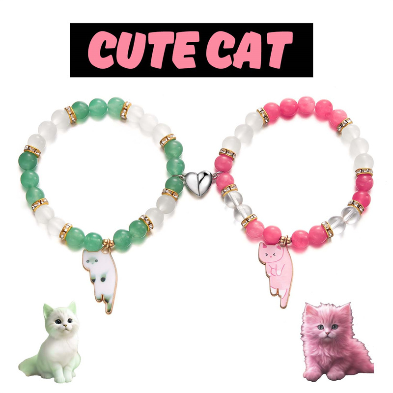 2 uds pulseras magnéticas para parejas amor en forma de corazón atracción a juego gato gatito colgante pulsera mujeres hombres amante joyería de boda: Verde oscuro