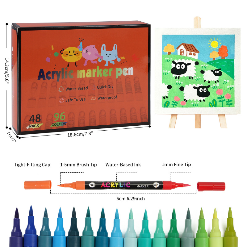 96 colors acrylic paint markers pens set 48 pack dual tip acrylic paint markers with brush tip and fine rock painting