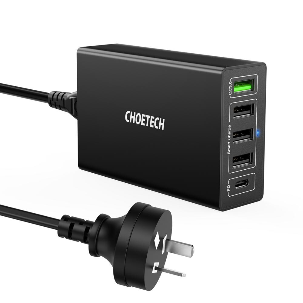CHOETECH, Cargador USB de 5 puertos, 60W PD, multiestación de carga USB con acoplamiento Universal para teléfono móvil, pared de escritorio, enchufe para UE y Reino Unido