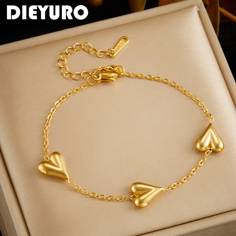Dieyuro 316l aço inoxidável vintage coração dourado pulseira para mulheres moda corrente nova moda jóias de pulso presente aniversário da menina