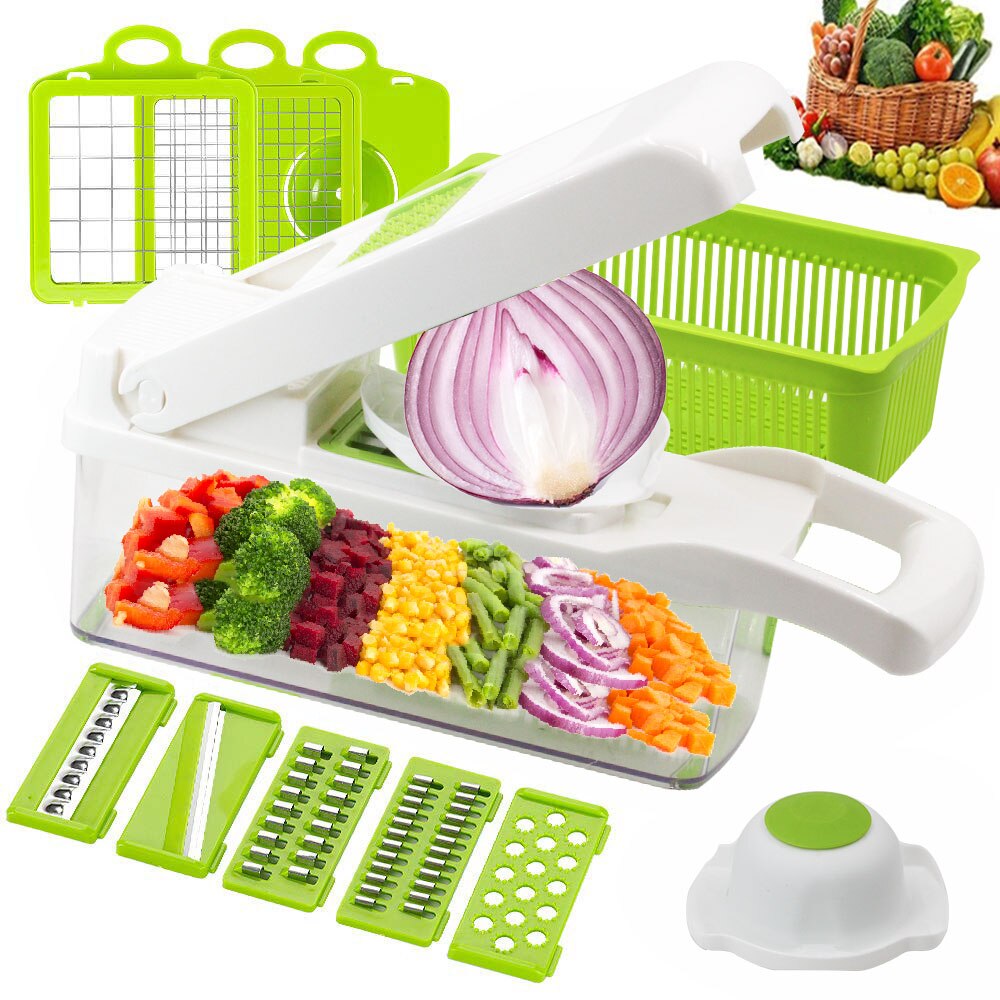 Multifunctional Vegetable Cutter Mandoline Slicer 8 Blades Vegetable Choppers With cut-resistant Gloves Onion Potato Slicer Dice: White 12 set