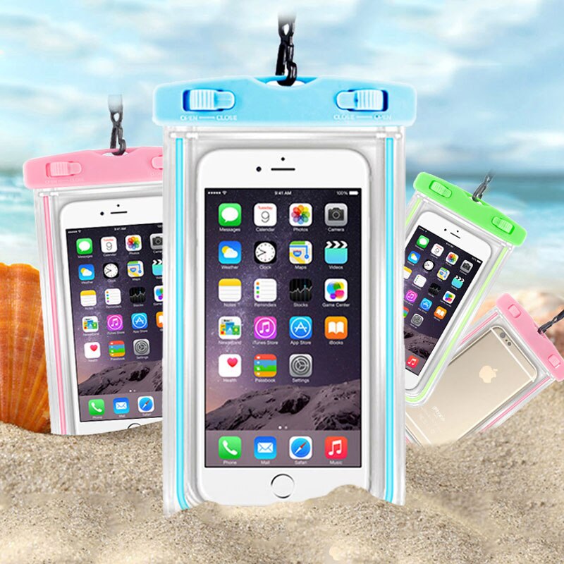 Universel vandtæt telefonpose tør berøringspose med lysende kant 5.5 tommer til iphone 6 6s 7 plus strand undervands swimmingpool