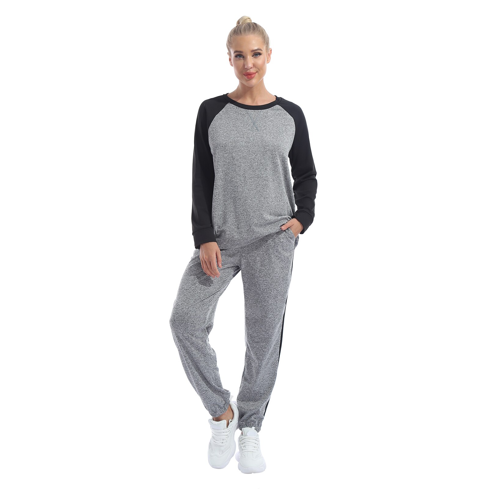 Vrouwen Lente Herfst Sportkleding Pure Colorlong Mouwen T-shirt Andpockets Broek Set Voor Running Yoga Fitness Casual Trainingspak