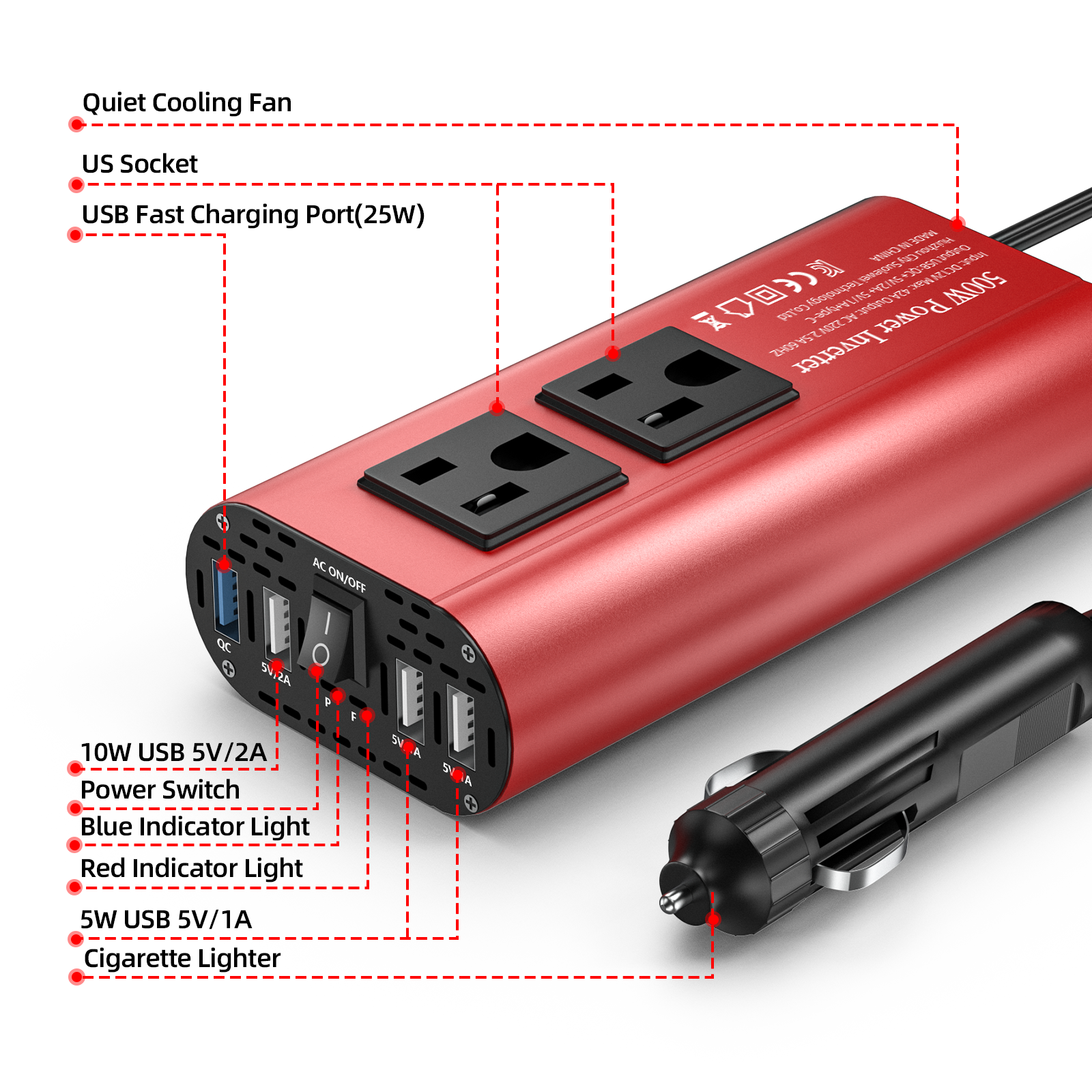 DC 12V to 110V AC Automotive inverter 500W DC to AC converter Automatic transformer with US standard socket multi-USB automotive: Red