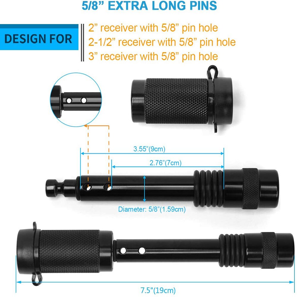 Trailer Hitch Lock Pin Set, 5/8" Black Tow Hitch Receiver Lock with Anti-Rattle, Extra-Long Locking Hitch Pin with Heavy Duty