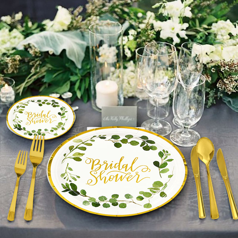 Bruids Douche Dispodable Servies Goud Groene Bladeren Papieren Borden Cups Bruiloft Vrijgezellenfeest Thuis Tafel Decoratie Benodigdheden