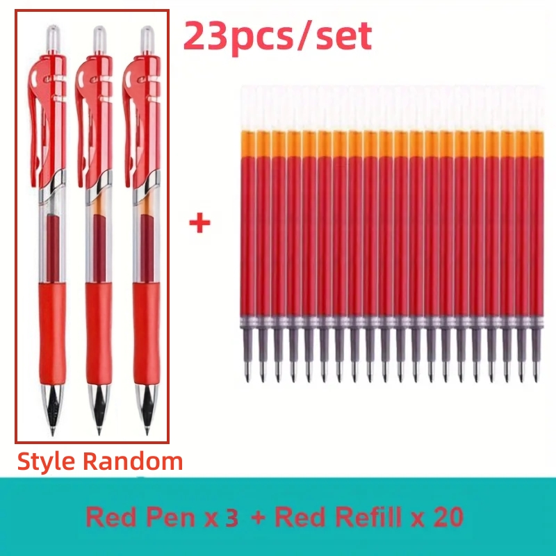 23 st. infällbara kulspetspennor med stor kapacitet, 0.5mm kulspetspennor, svart/röd/blå, utbytbar refill, brevpapper, skolmaterial: Röd