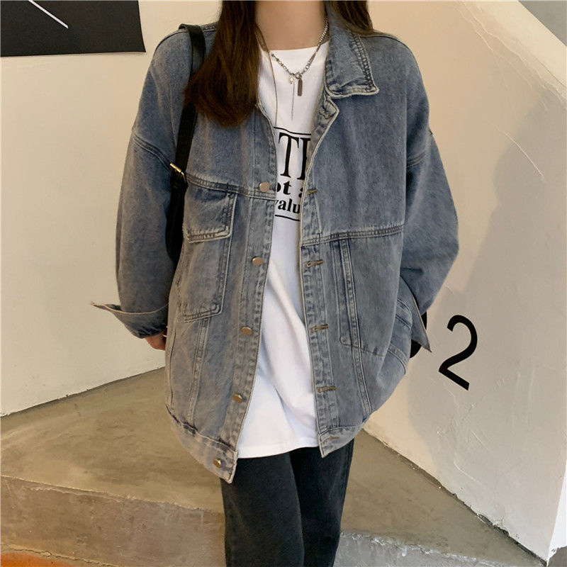 Cowboyjakke til kvinder retro denimjakke løs alsidig forårs- og efterårsjakke med lange ærmer blå chic top 5xl bf stil