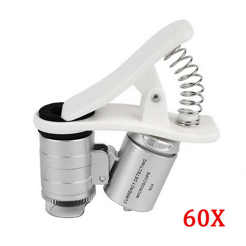 60x zoom clip-on förstoringsglas för telefonförstoringsglas med 2 led-lampor och uv-ljus: Vit