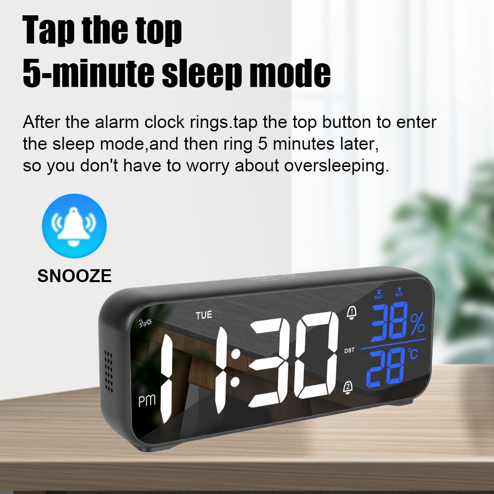Snooze Table Clock USB Rechargeable Digital Clock with Voice Control Temperature Humidity LED Music Alarm Clock Multi-functional