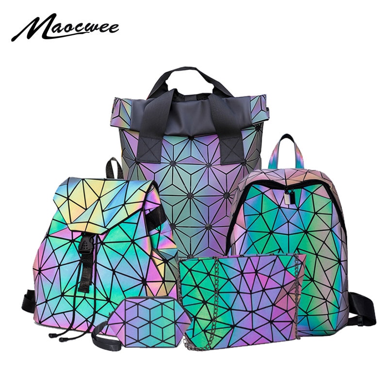 Couple Luminous Folding Set Backpack Chain Bag And Colorful Clutch Bag Rhombus College Style Personality Backpack Women