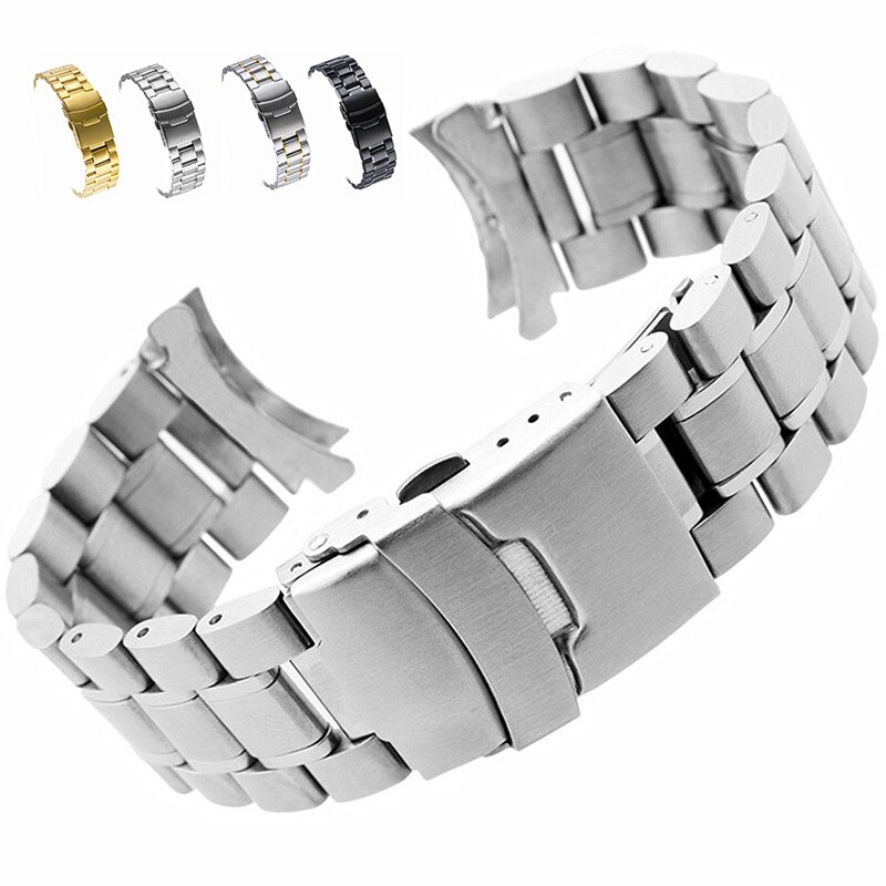 Bracelet de montre solide en acier inoxydable 18/20/22/24, avec extrémité en Arc, boucle pliable, pour assurance, remplacement universel