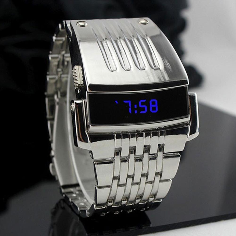 Mode blauwe LED-display brede roestvrijstalen band heren digitaal polshorloge cadeau