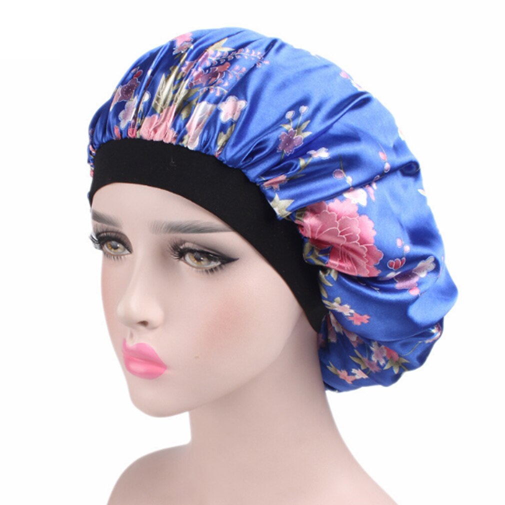 1pc kvinnor satin nattsömn mössa blommig leopardmönstrad nattmössa hår huva hatt siden huvudskydd breda elastiska party cosplay hattar: Blå