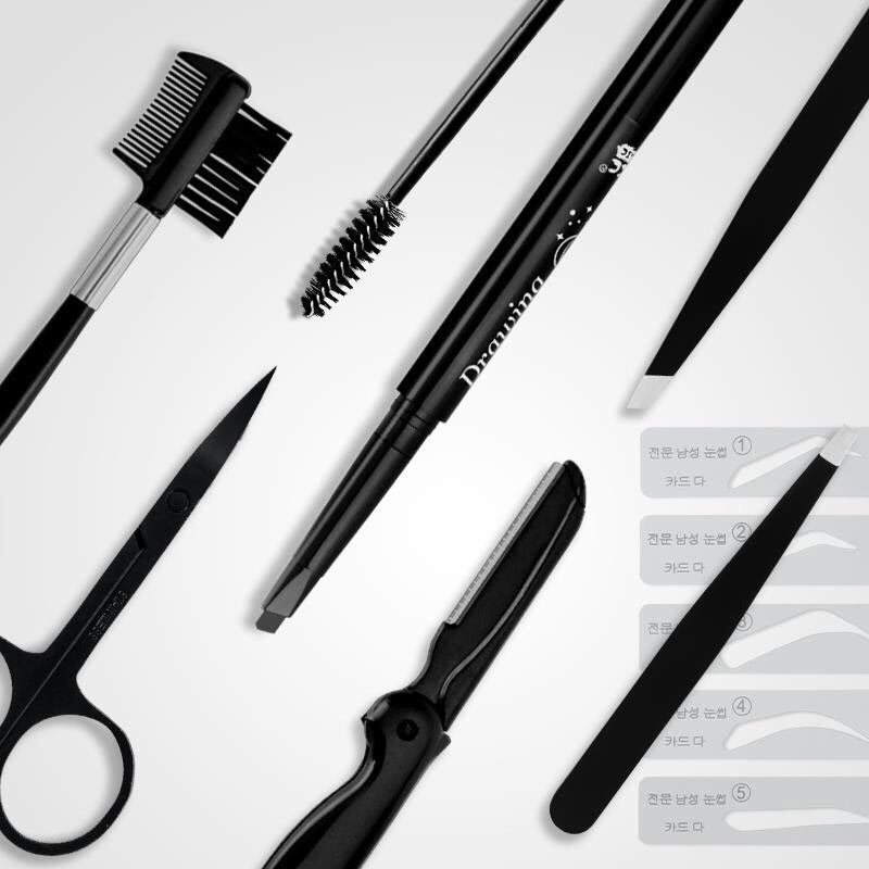 13 Pcs Set Tool Opslag Pak Leer Waterdicht Wenkbrauw Grooming Mannen Wenkbrauw Template Shaper Rvs Schaar Gereedschap Tas