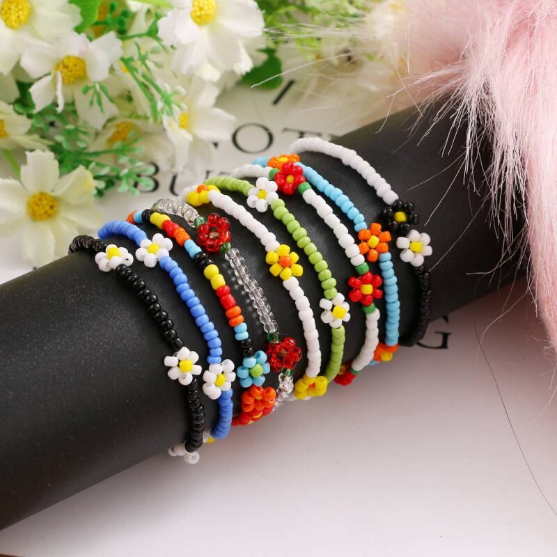 Y2k Koreaanse Eenvoudige Bloem Kralen Streng Armband Vrouwen String Kralen Korte Armbanden Sieraden Bohemian Accessoires 1Pc