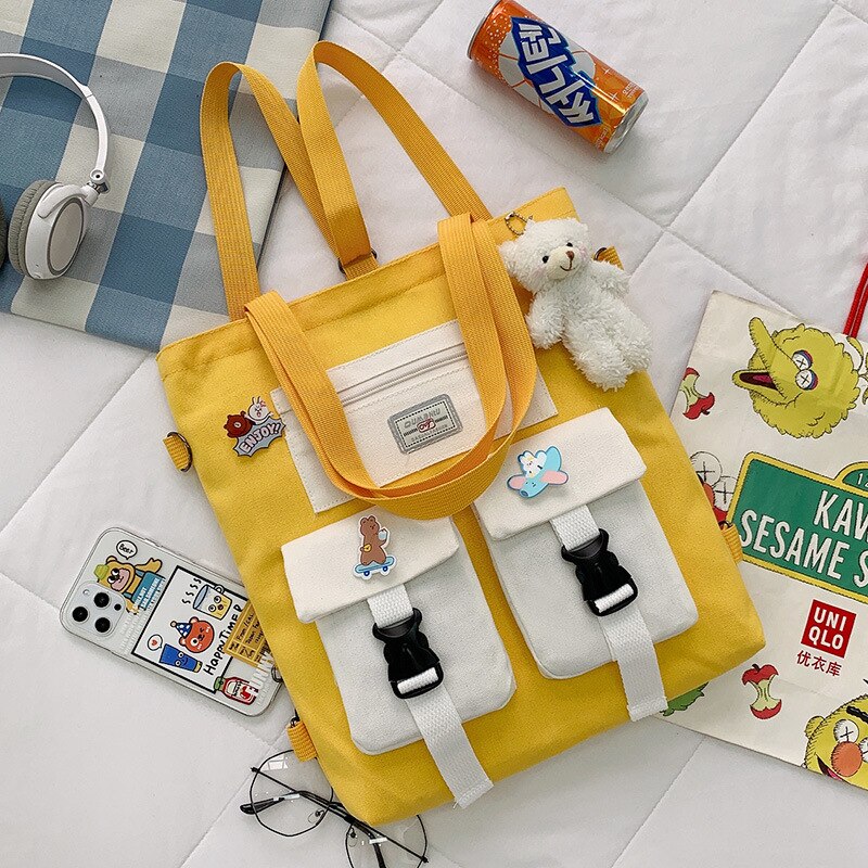 Student Backpack Book Bag Large-capacity Canvas School Class Female Bag Girls Canvas Shoulder Messenger Crossbody Bag: Yellow with bear