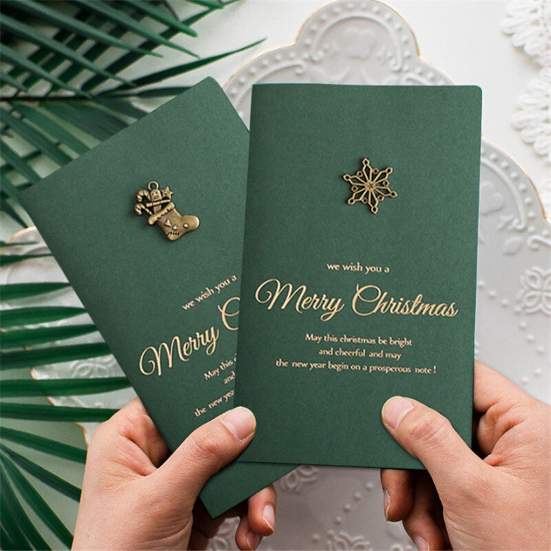 10Pcs/Set Vintage DIY Christmas Green Greeting Cards with Envelope Party Gold Embossed Invitation Postcards